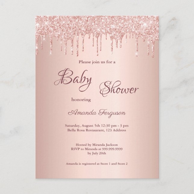 Carte Postale parties scintillant rose or goutte Baby shower ros (Devant)