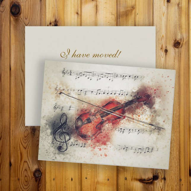 Carte Postale Partition de violon aquarelle Changement d'adresse (Elegant violin/music change of address card)