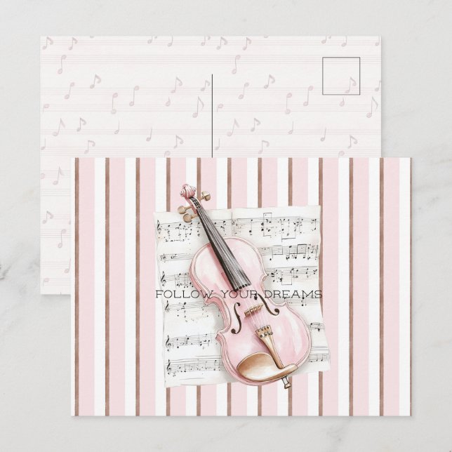 Carte Postale Partition de violon rose (Devant / Derrière)