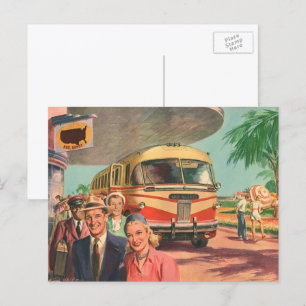 Carte Postale Passagers vintage en vacances à la gare routière
