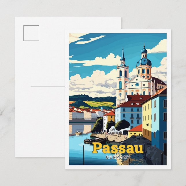 Carte Postale Passau Allemagne Art Voyage Illustration Vintage (Devant / Derrière)