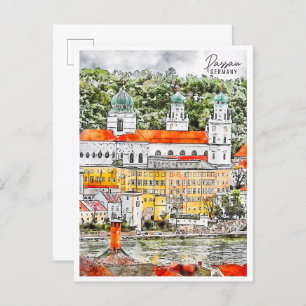 Carte Postale Passau Allemagne vintage voyage aquarelle