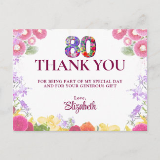 Carte Postale Pastel 80th Birthday Thanks Watercolor Flowers