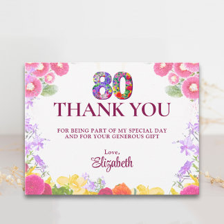 Carte Postale Pastel 80th Birthday Thanks Watercolor Flowers