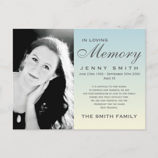 Carte Postale Pastel Blue Ombré Memorial Family Remerciements (Devant)