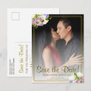 Carte Postale Pastel Floral Gold Frame Wedding Enregistrer la da