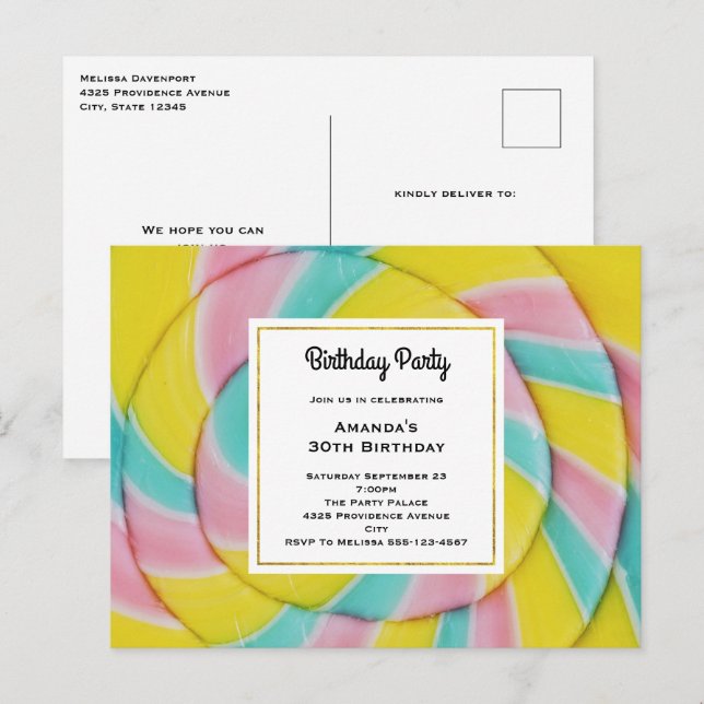 Carte Postale Pastel Rainbow Spiral Candy fête d'anniversaire (Devant / Derrière)