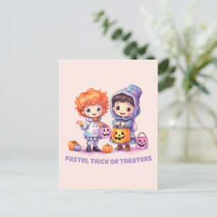 Carte Postale Pastel Trick ou Traitements - Cartoon Boy and Girl