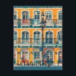 Carte Postale Pastel vintage Lisbonne Portugal<br><div class="desc">Illustration vibrante et colorée d'une charmante rue pavée de Lisbonne, Portugal. Les bâtiments sont peints dans les tons vifs de jaune, orange et bleu, avec des balcons ornés et des balustrades en fer forgé. La rue est bordée de lampadaires et de tramways qui longent le centre. L'atmosphère générale est accueillante...</div>