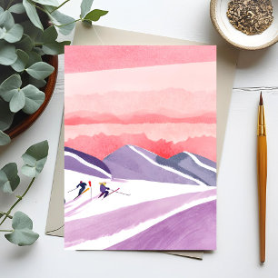 Carte Postale Pastel Watercolor Ski Mountain Sunset