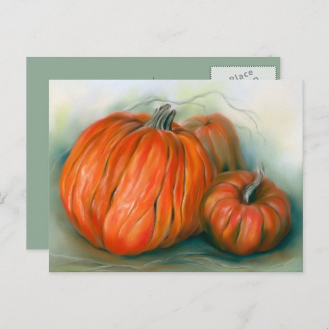 Carte Postale Patch citrouille Automne Trio Pastel Art (Devant / Derrière)