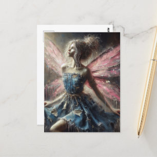 Carte Postale Patchwork fée Denim Robe rose ailes