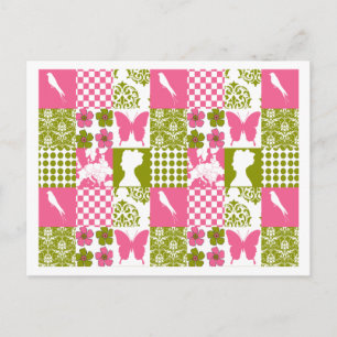 Carte Postale Patchwork rose et vert