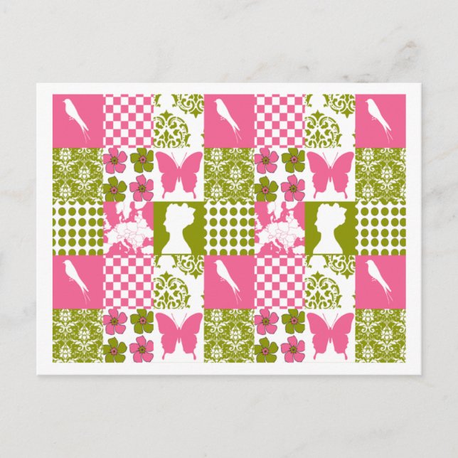 Carte Postale Patchwork rose et vert (Devant)