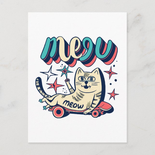 Carte Postale Patinage de chat Miaou (Devant)