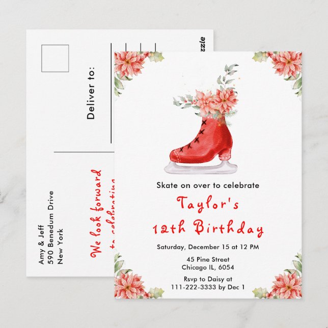 Carte Postale Patinage sur glace Anniversaire de la fête Rouge (Devant / Derrière)