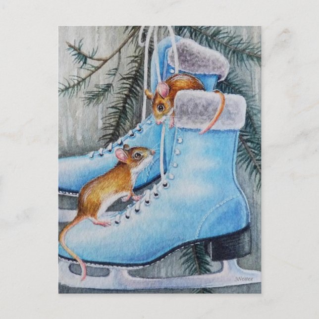 Carte Postale Patinage sur glace bleu et souris - Maison de vaca (Devant)