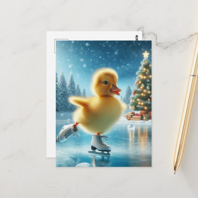 Carte Postale Patinage sur glace Canard de Noël (Devant/Arrière en situation)