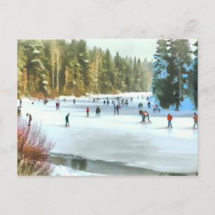 Carte Postale Patinage sur glace sur un étang Paysage hivernal