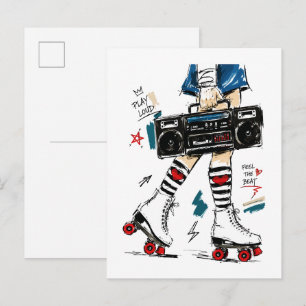 Carte Postale Patiner avec la musique Boombox Rollerskates Rétro