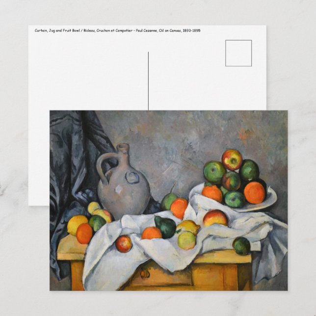Carte Postale Paul Cezanne - Rideau, bol de jug et de fruits (Devant / Derrière)
