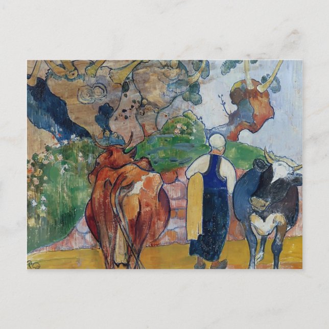 Carte Postale Paul Gauguin, une femme paysanne et des vaches dan (Devant)