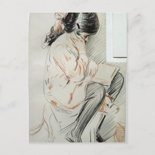 Carte Postale Paulette Reading Assis sur son chien de jouet (Devant)