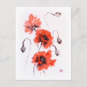 Carte Postale Pavot rouge suce encre et aquarelle