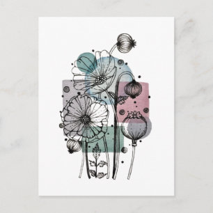 Carte Postale Pavots gribouillis à l'encre et à l'aquarelle