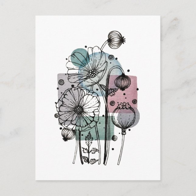 Carte Postale Pavots gribouillis à l'encre et à l'aquarelle (Devant)