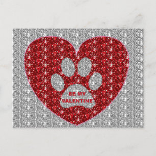 Carte postale Paw Heart Red Silver Be My Valentine