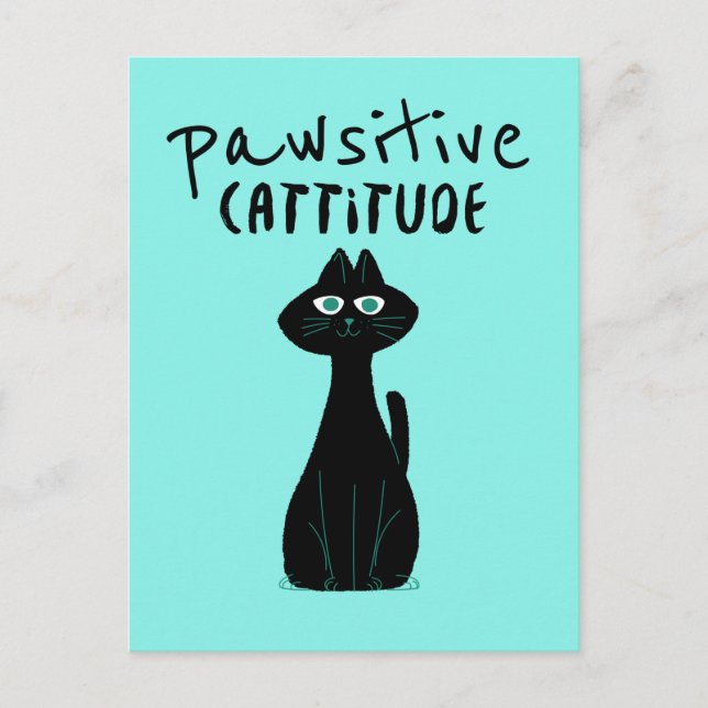 Carte Postale Pawsitive Cattitude Cute Cat Humor Black Teal (Devant)