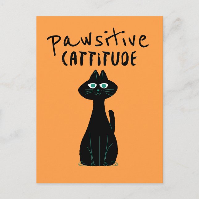 Carte Postale Pawsitive Cattitude mignon Humour chat noir Orange (Devant)