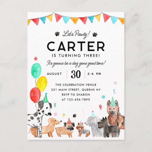 Carte Postale Pawty Party Animal Kids Puppy Chien Anniversaire (Devant)