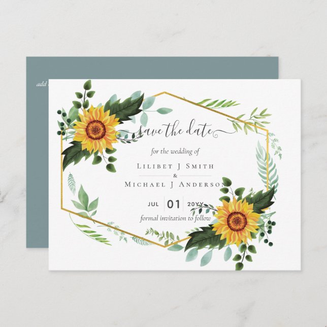 Carte Postale Pays Fleurs de soleil rustiques Vert Budget Mariag (Devant / Derrière)