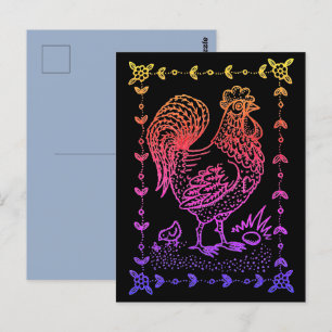 CARTE POSTALE PAYS ROOSTER, OEUFS, POULET & FOLK ART FRONTIÈRE