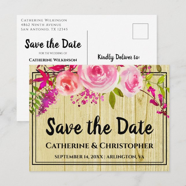 Carte Postale Pays rustique Enregistrer la date Faire-part flora (Devant / Derrière)