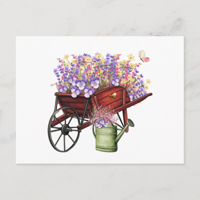 Carte Postale Paysage à l'aquarelle Chariot, Arrosoir et Fleurs (Devant)