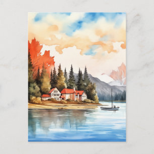 Carte Postale Paysage automnal canadien de lac à l'aquarelle
