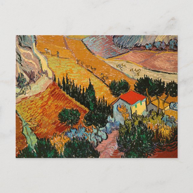 Carte Postale Paysage avec maison et laboureur, (Devant)