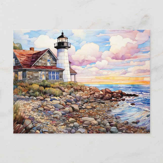 Carte Postale paysage côtier avec chalet et phare (Devant)