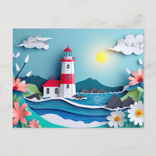 Carte Postale paysage côtier avec un style de coupure de papier  (Devant)