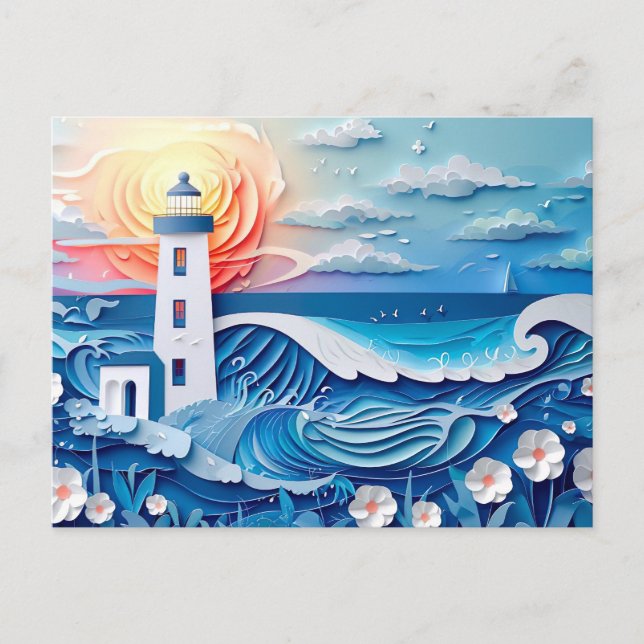 Carte Postale paysage côtier avec un style de coupure de papier  (Devant)