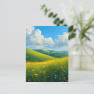 Carte Postale Paysage de collines vertes vibrantes et de fleurs