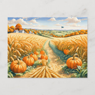 Carte Postale Paysage de Hilly avec champ de blé et Citrouilles