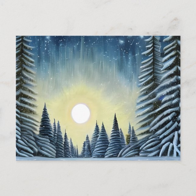 Carte Postale Paysage De Neige À feuillage persistant Lune Sous  (Devant)