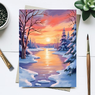 Carte Postale Paysage de rivière hivernale au coucher du soleil 