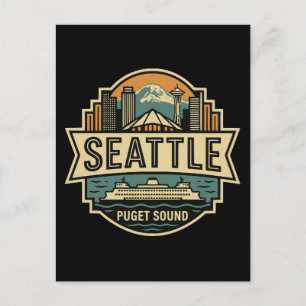 Carte Postale Paysage de Seattle Washington USA Badge Rétro