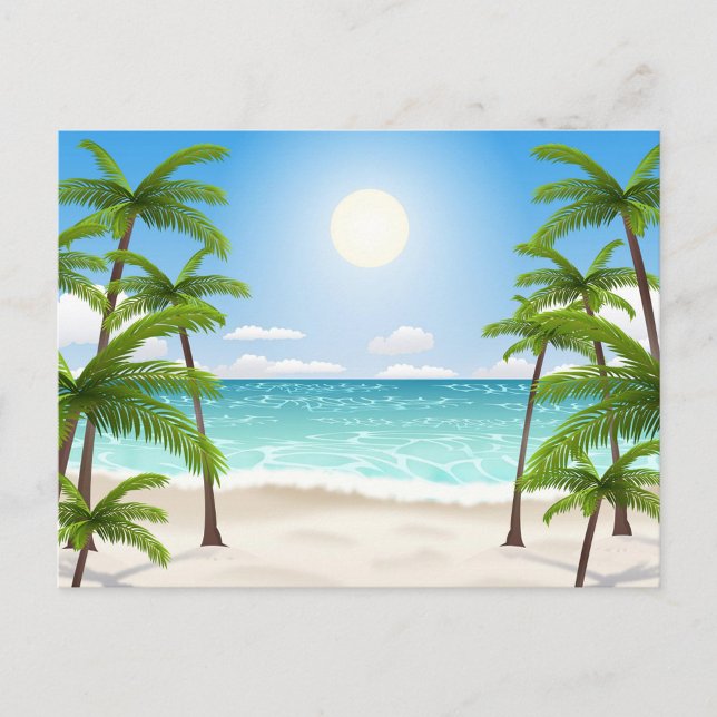 Carte Postale Paysage d'été (A cartoon illustration of a tropical beach scene, featuring a bright blue sky with a radiant sun.)