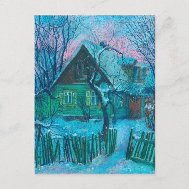 Carte Postale Paysage d'hiver Ancien gîte Maison Pastel Peinture (Devant)